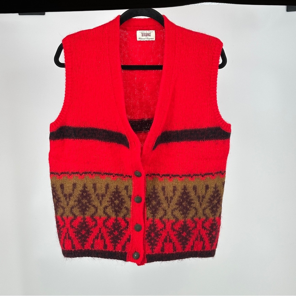 Sisley‎ Red and Brown Patterned Mohair Wool  Blend Sweater Vest Unisex Vintage